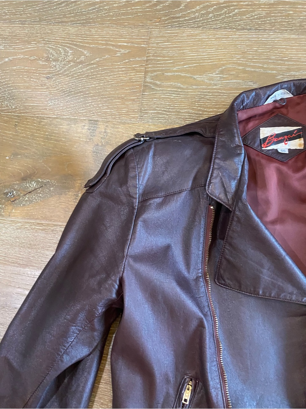 Banzai 80s Leather Motorcycle Belted Zip Up Jacket Maroon Brown Draped Waterfall - Picture 4 of 9